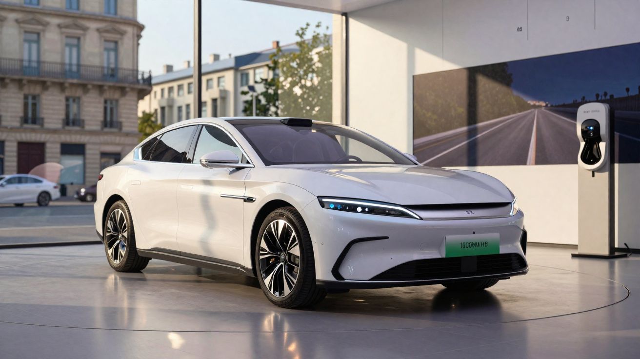 White sleek electric sedan parked indoors near a charging station with urban buildings visible outside.
