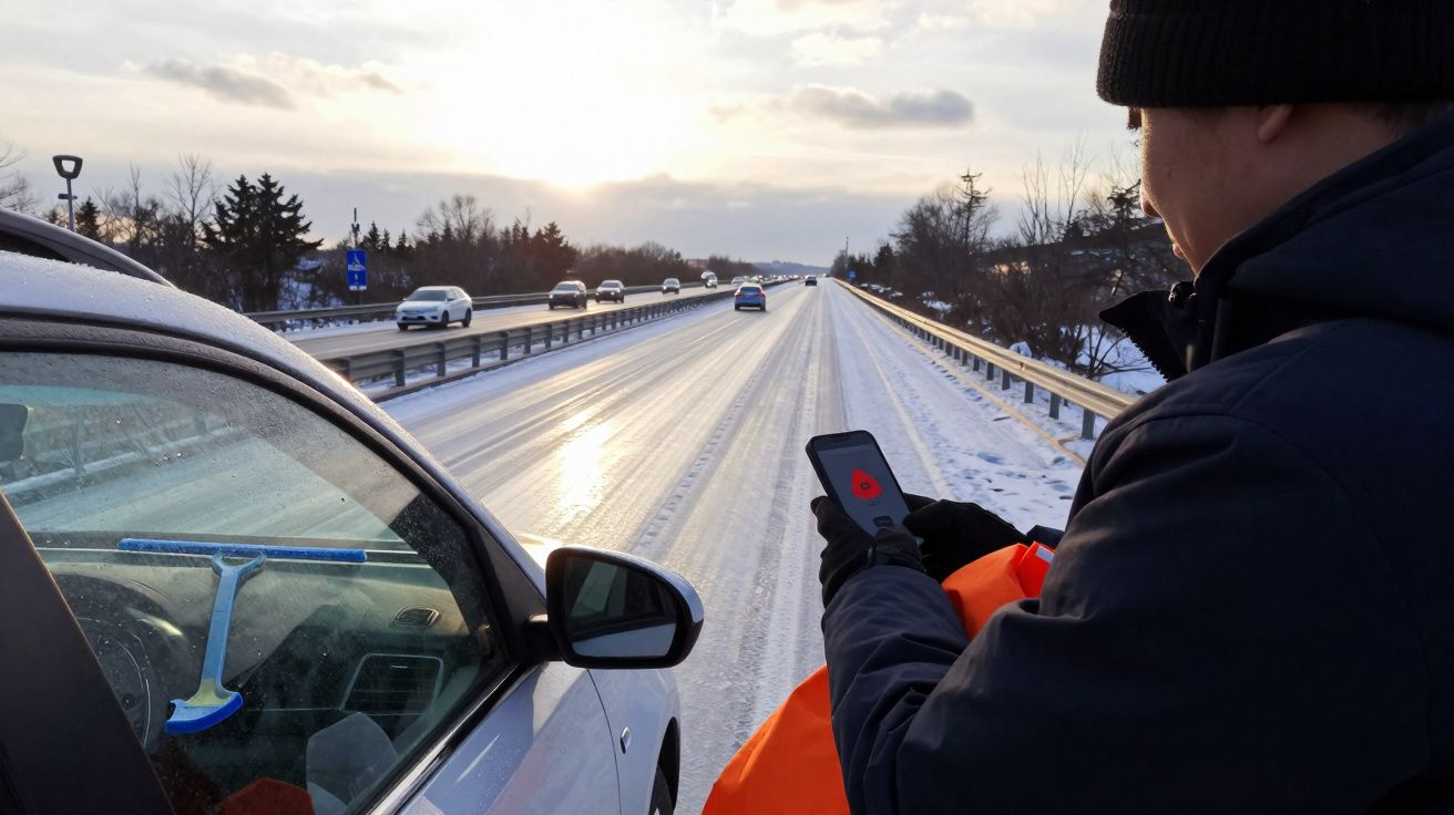 Person in winter clothes uses phone next to a silver car on a snowy roadside with traffic on a highway.