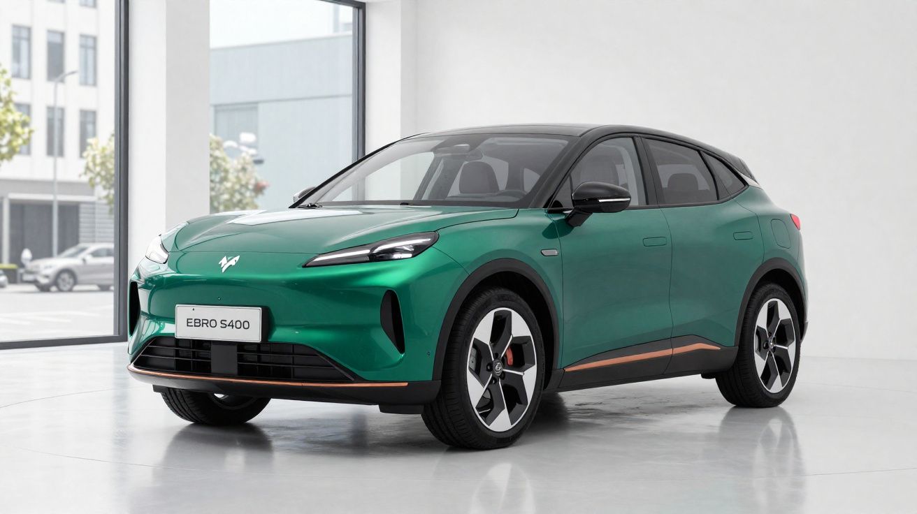 Green EBRO S400 electric SUV parked indoors with a black roof and modern alloy wheels