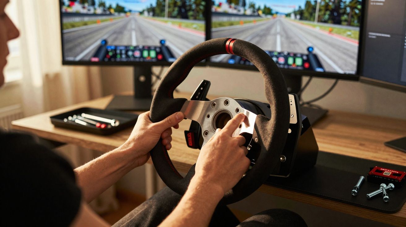 Person adjusting a racing wheel controller for a driving simulator displayed on dual monitors.