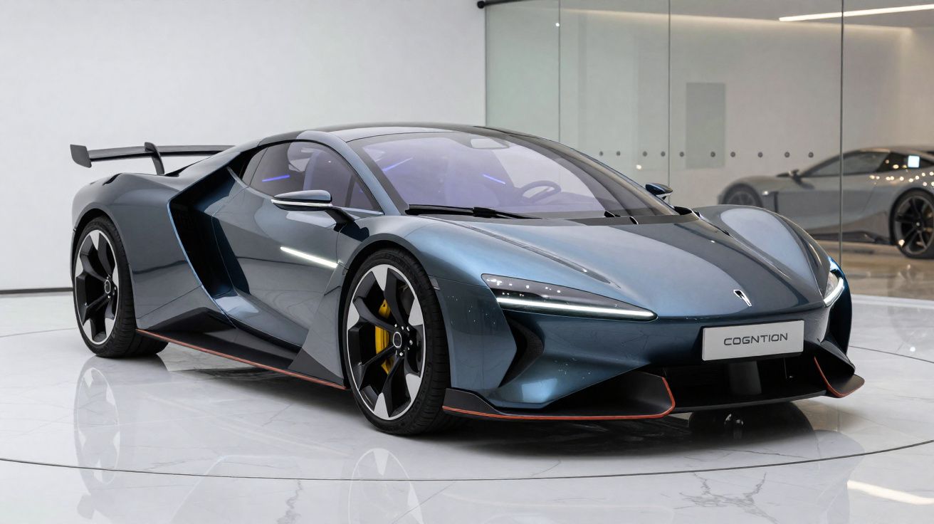 Blue COGNITION sports car with sharp design and large rear spoiler displayed in a modern showroom.