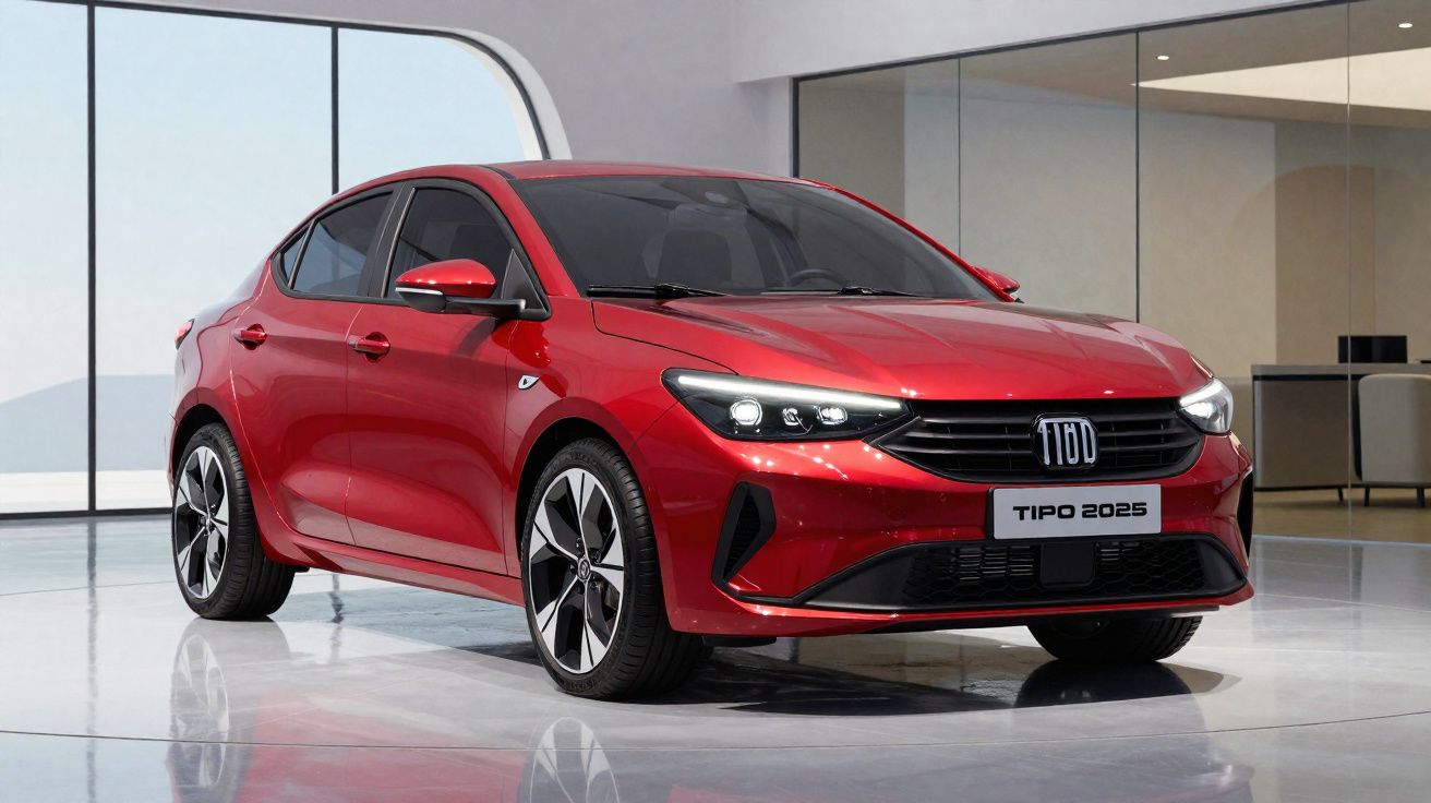 Red 2025 model Tipo sedan with sleek design displayed indoors on a shiny floor.