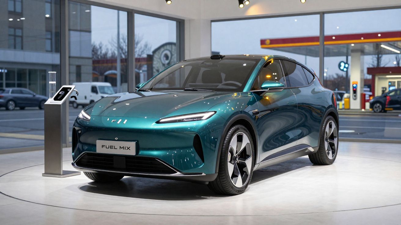 Sleek teal electric car displayed indoors beside a charging station with large windows showing a street outside.