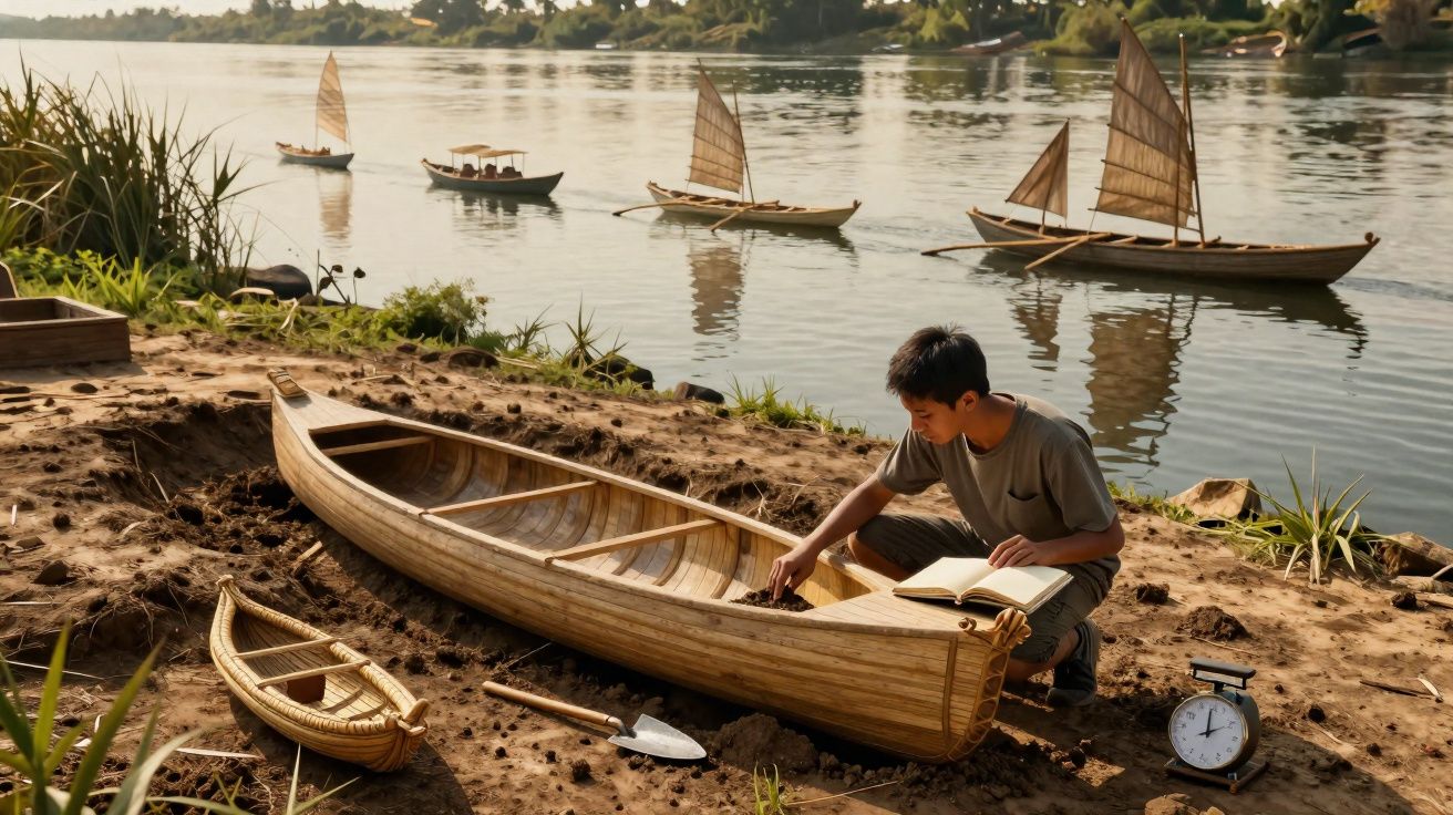 Boy crafting a small wooden boat by a riverbank with several traditional sailboats on the water behind him.
