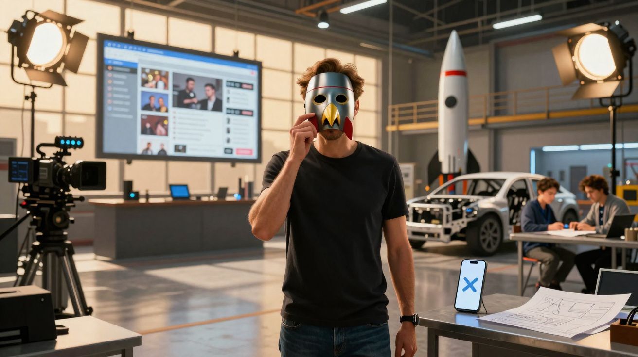 Man wearing a chicken mask in a bright studio with a camera, rocket model, car frame, and two people working in the backgroun