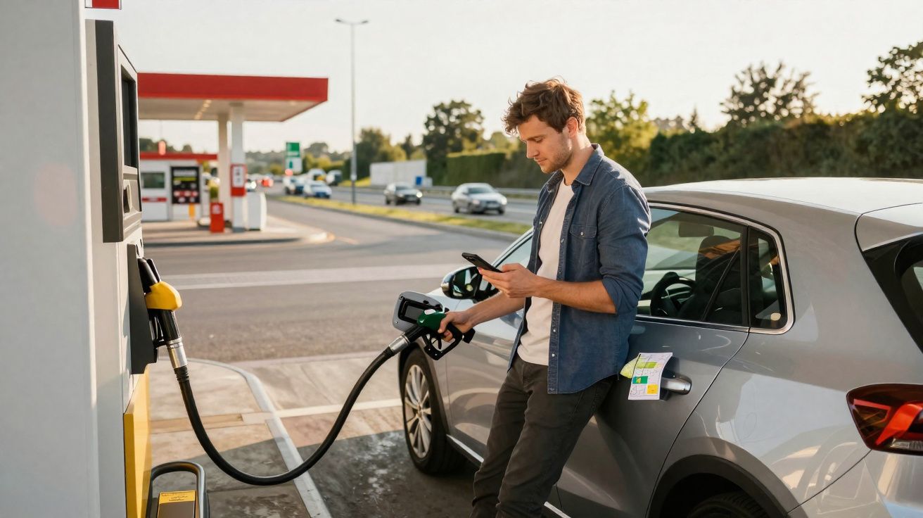 Man in casual clothes refuelling a grey car at a petrol station while using a smartphone.