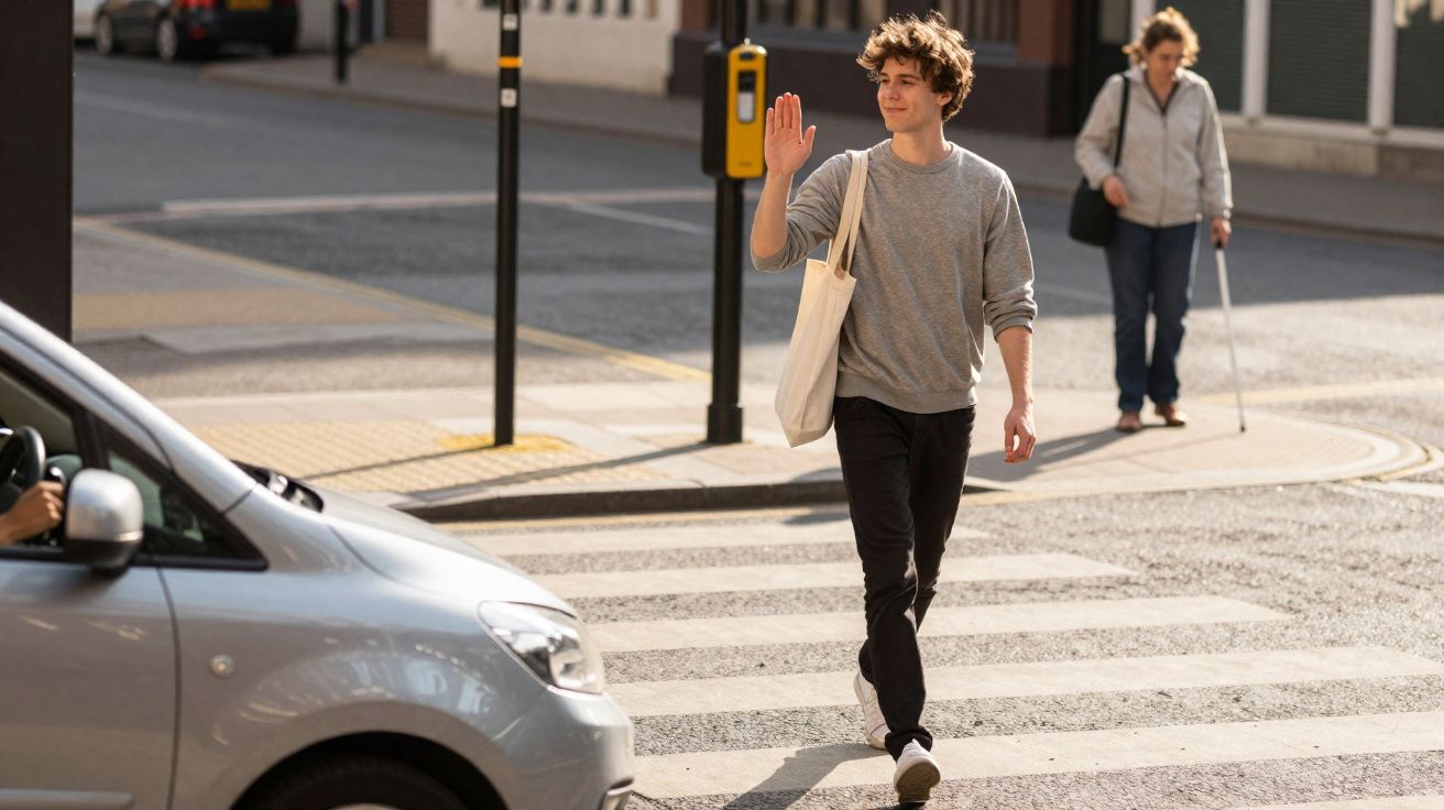 Young man waving to a car while walking across a pedestrian crossing in a city street.