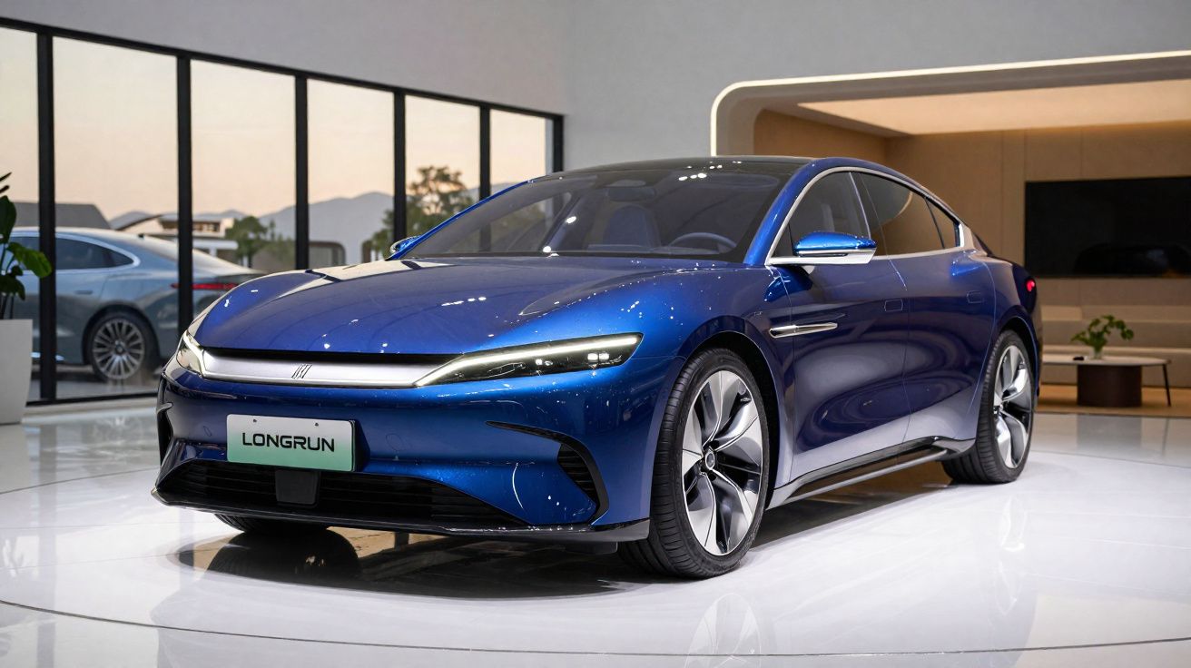 Blue Longrun electric car displayed indoors with modern, sleek design and tinted windows.