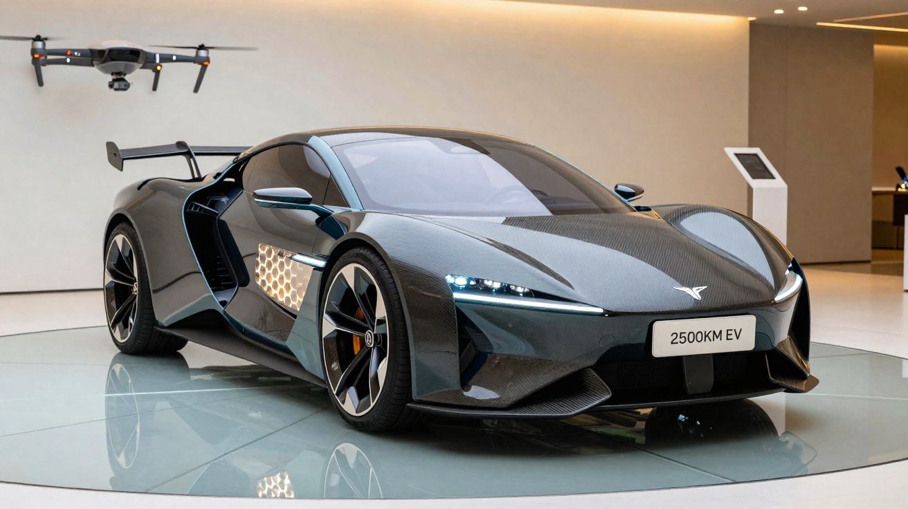Sleek black electric supercar with scissor door open displayed indoors next to a hovering drone.