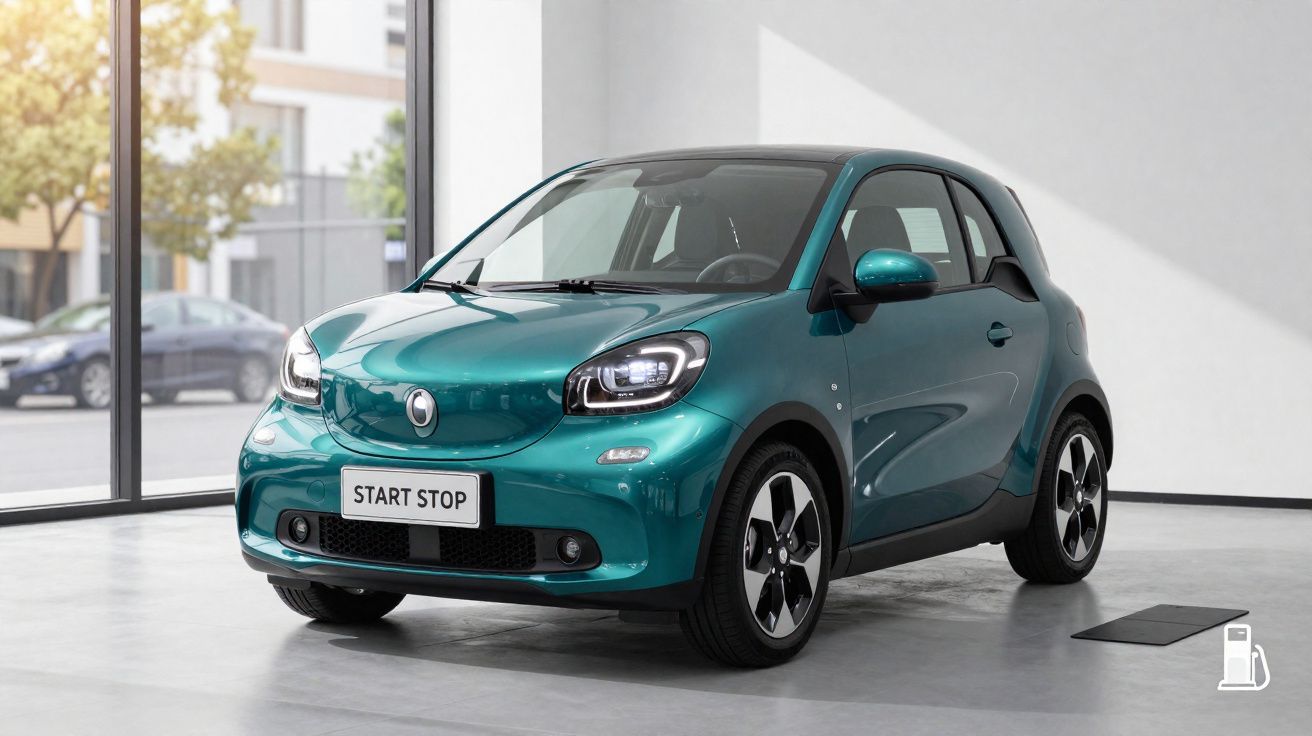 Teal compact two-door electric car displayed in a bright showroom with large windows and a Start Stop plate.