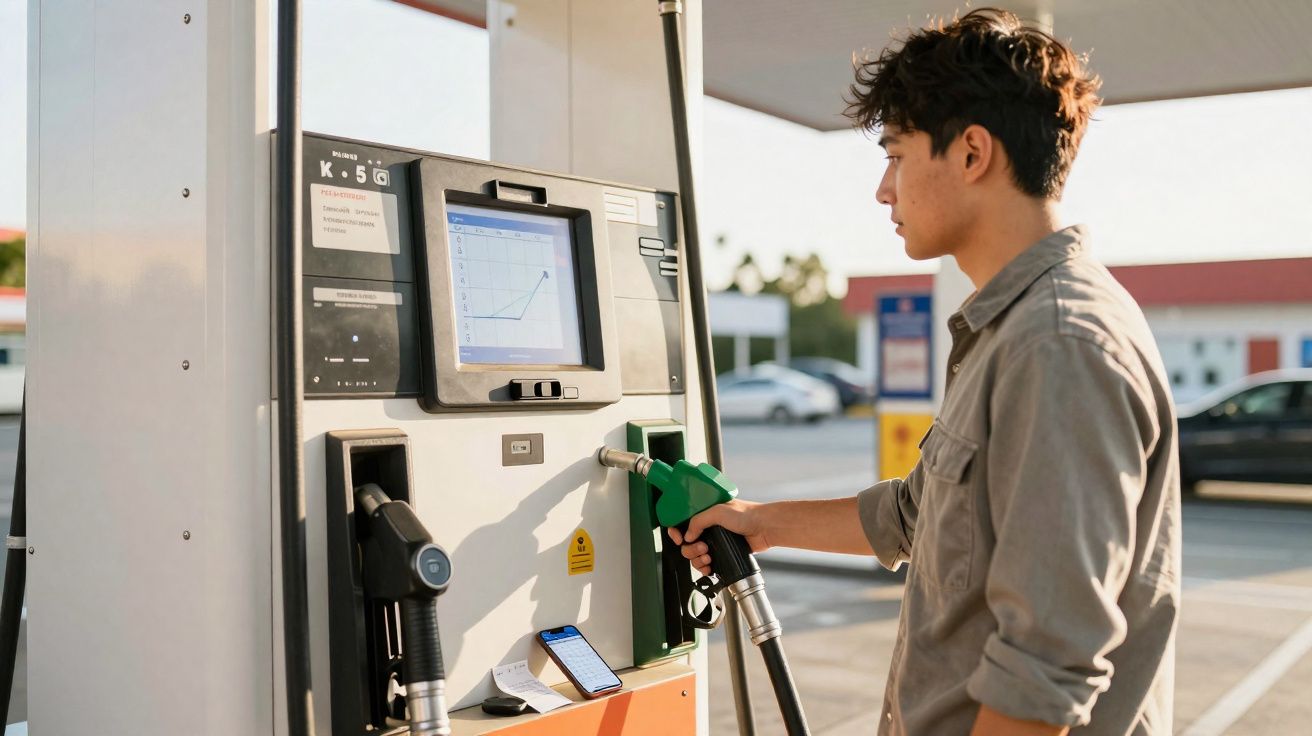 Young man holding green fuel pump nozzle at petrol station during daytime.