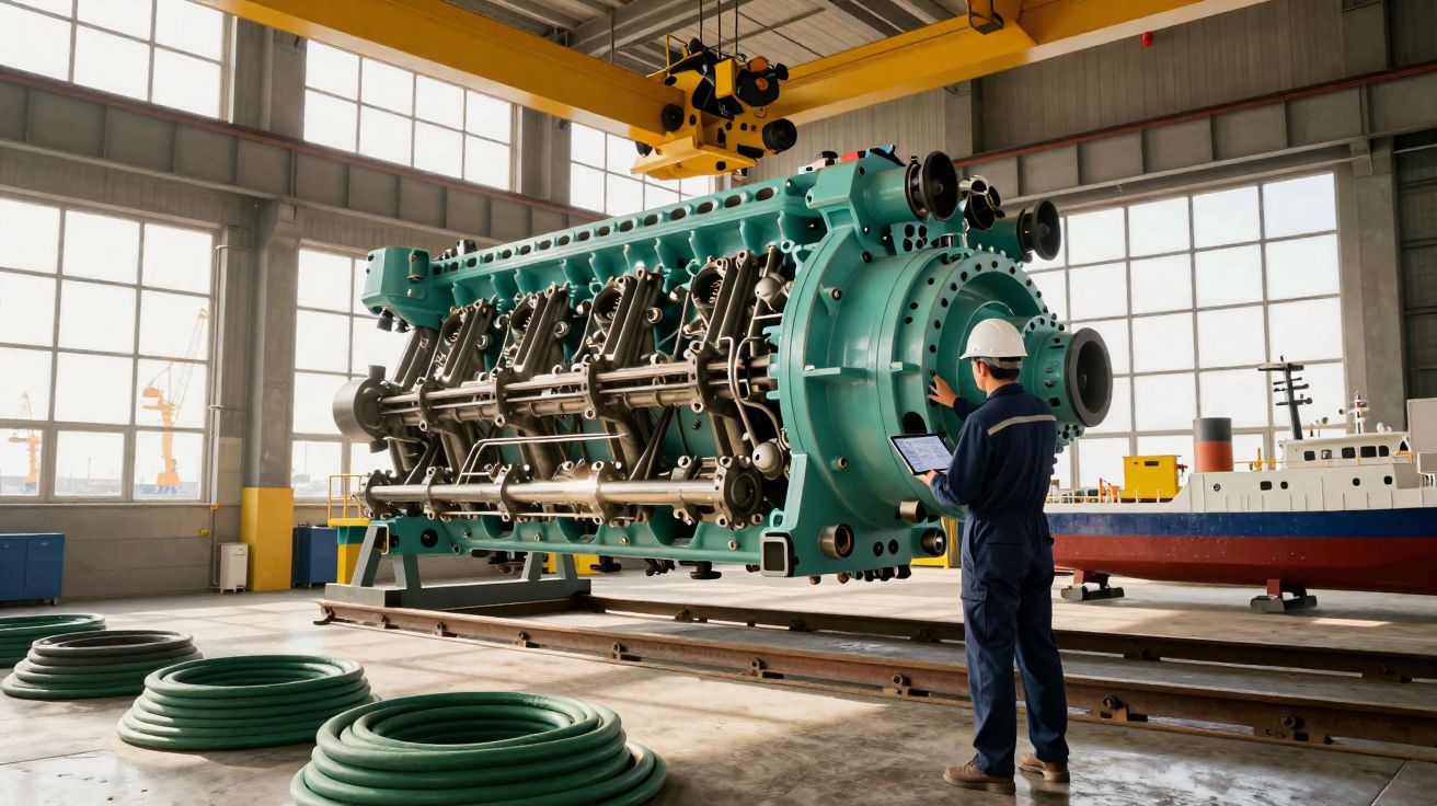 Engineer in hardhat inspecting large industrial engine suspended by crane in factory workshop with large windows