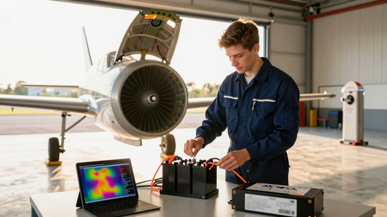Young technician in blue coveralls working on aircraft batteries with laptop showing diagnostics in hangar.