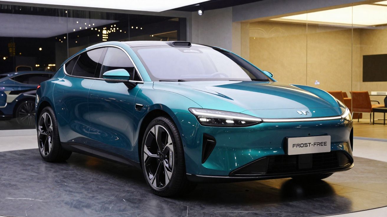 Sleek teal electric car displayed indoors with modern design and aerodynamic body, badge reading "Frost-Free".