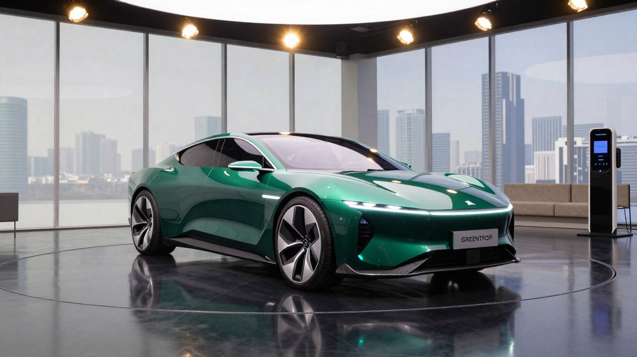 Green electric sports car displayed in a modern showroom with city skyline visible through large windows.