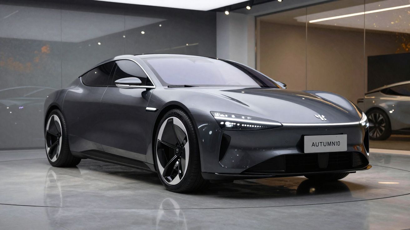 Sleek grey electric sports car with futuristic headlights displayed in a modern showroom environment.