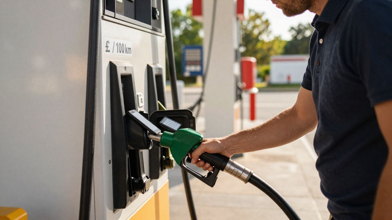 Man holding green fuel nozzle at petrol station pump on sunny day outdoors