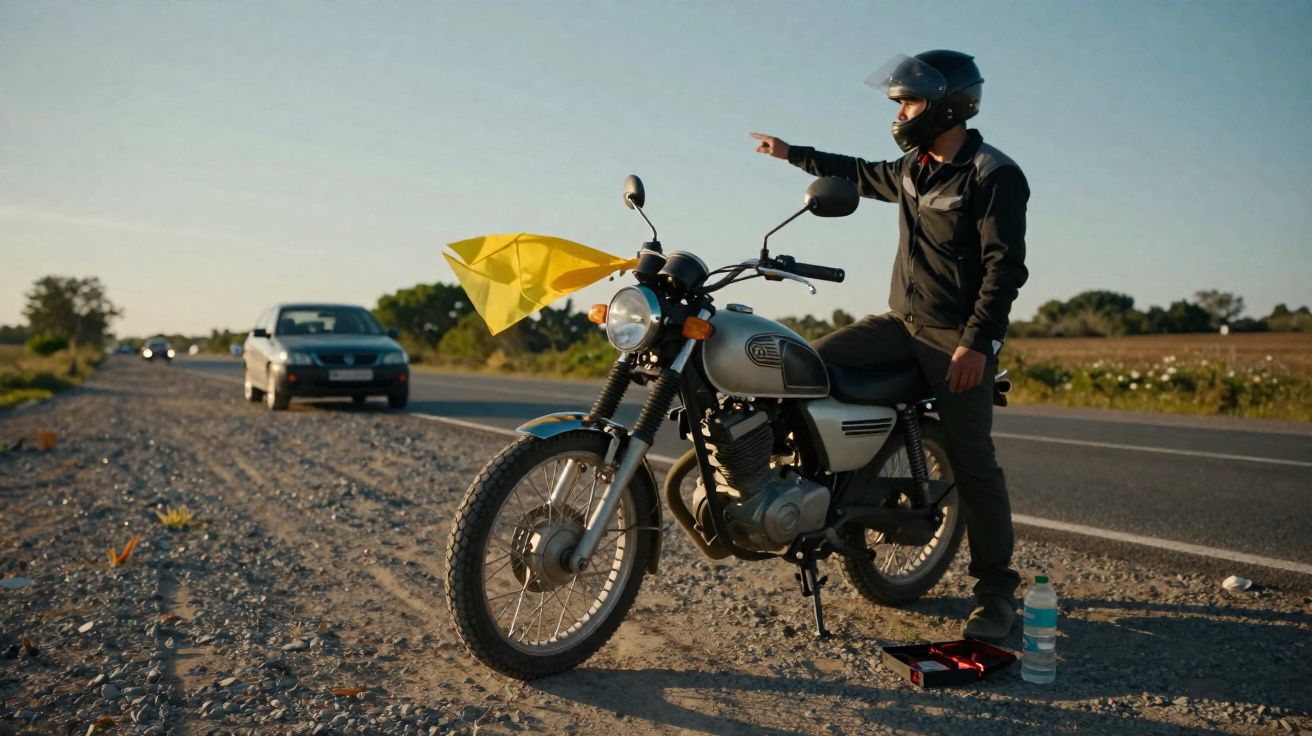 Motorcyclist wearing helmet signals for help with yellow flag on roadside next to toolkit and water bottle.