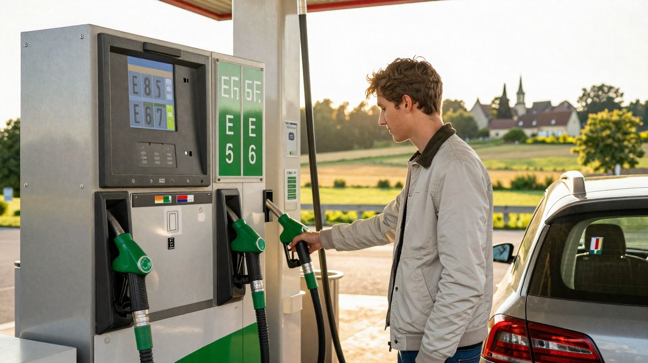Young man refuelling his car at a petrol station with a rural landscape in the background.