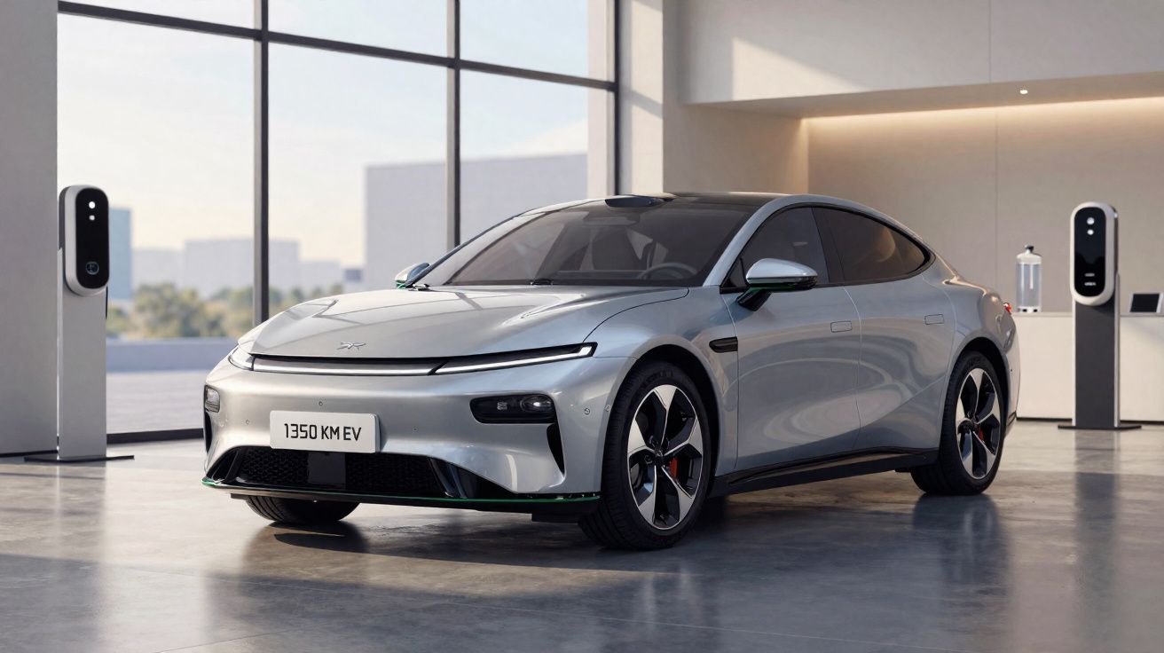 Silver electric sedan parked indoors near two wall-mounted charging stations in a modern room.