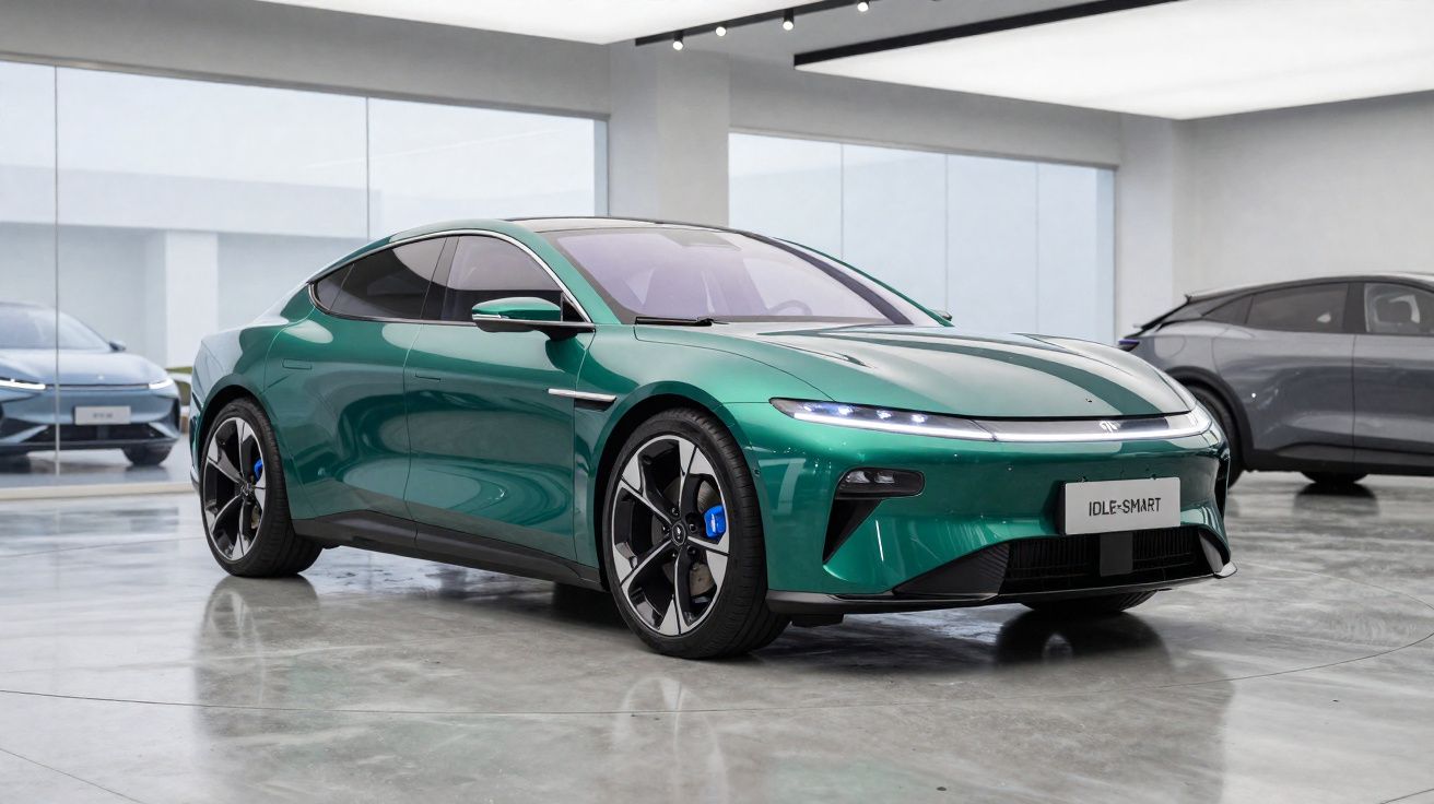 Green electric sports car with sleek design displayed in a modern showroom with reflective floor.