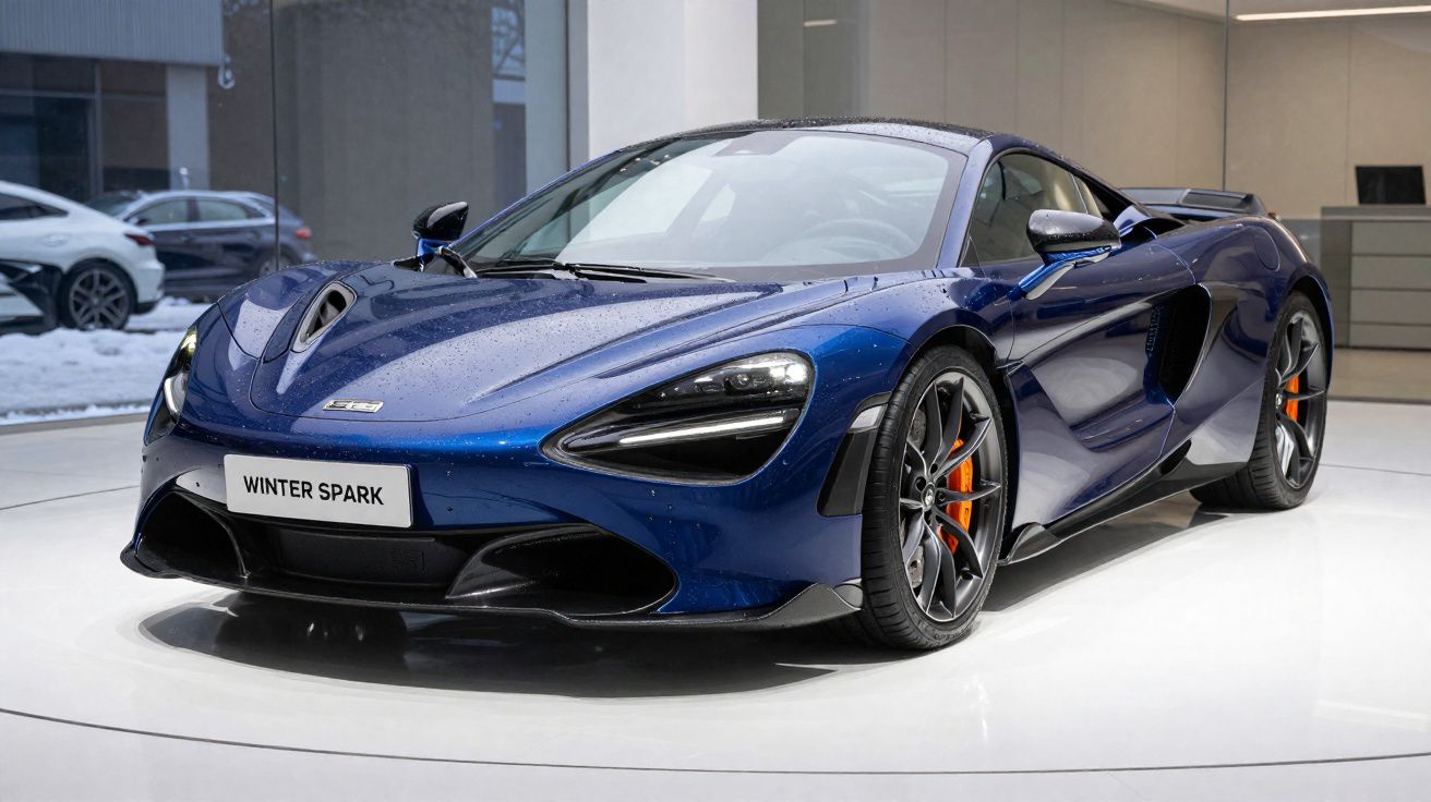 Blue McLaren sports car with orange brake calipers on display indoors with WINTER SPARK plate.