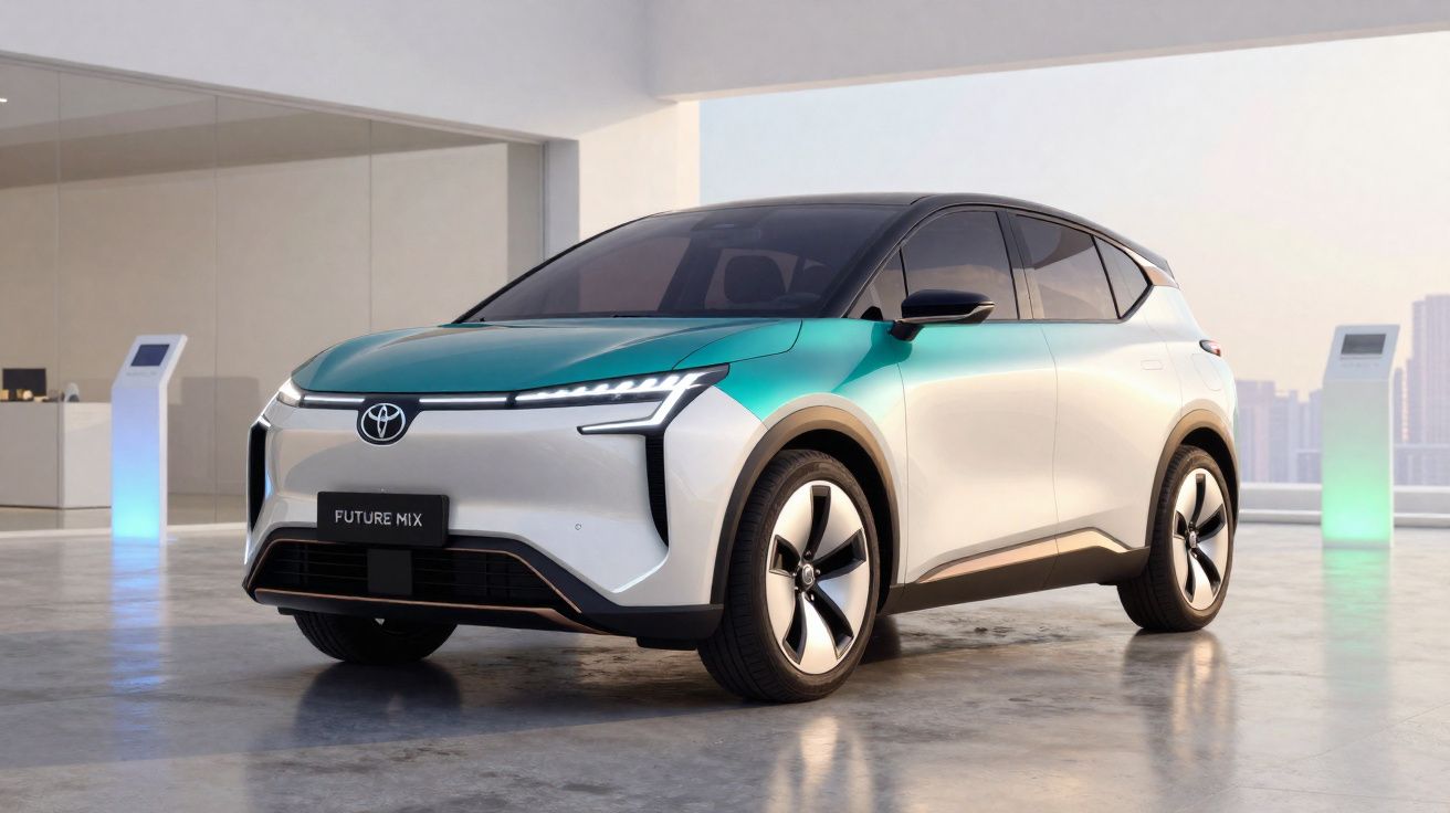 Futuristic two-tone teal and white Toyota electric SUV parked indoors with sleek, modern design and LED headlights.