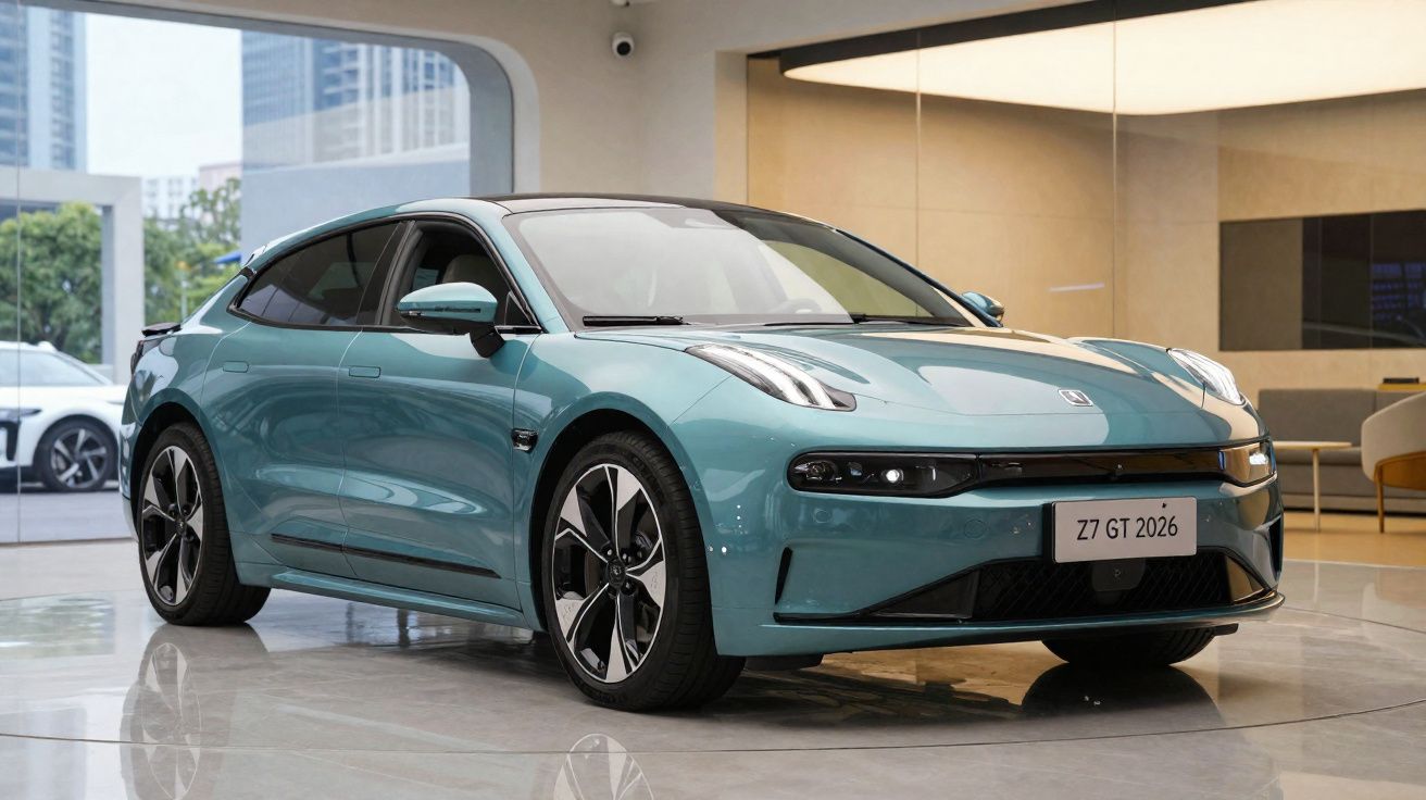 Light blue-green modern electric car displayed indoors with city buildings visible through glass windows.
