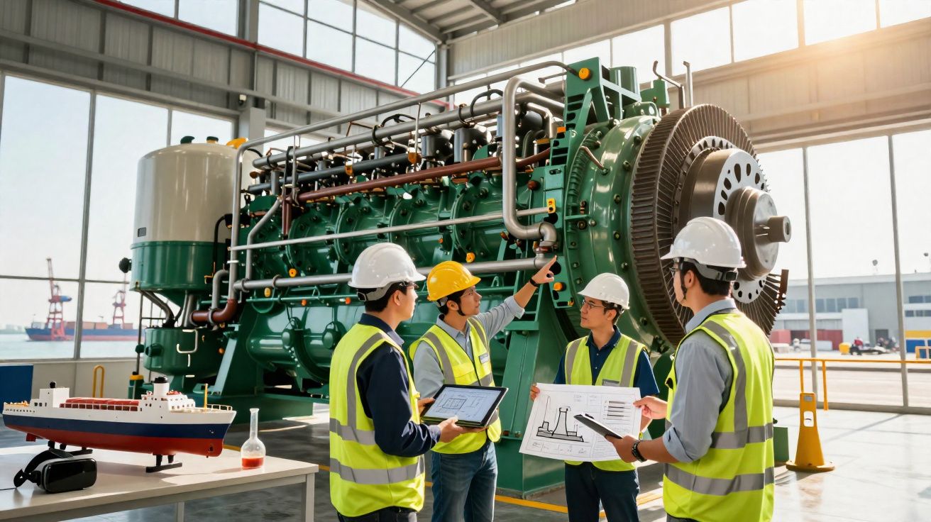 Engineers in safety helmets and vests discussing plans beside large green industrial engine in a warehouse.