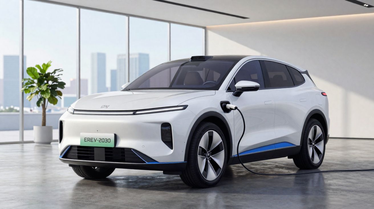 White electric SUV charging indoors with cityscape visible through large windows.
