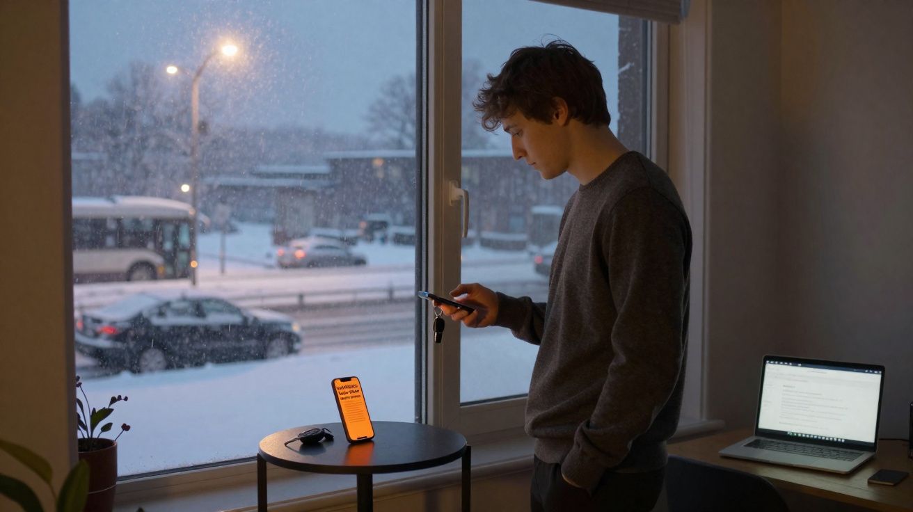 Young man using smartphone near window with snowy street outside, laptop on desk in dimly lit room.