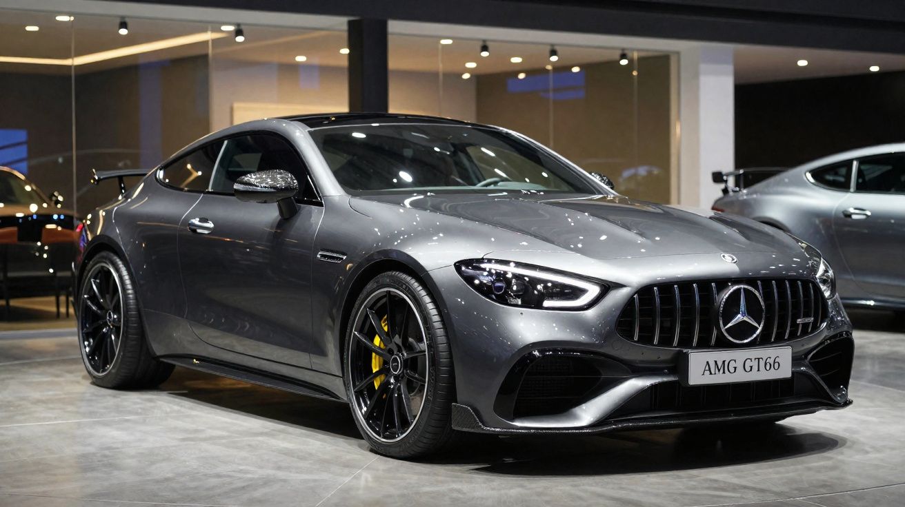 Grey Mercedes AMG GT66 sports car displayed indoors with glossy finish and black alloy wheels