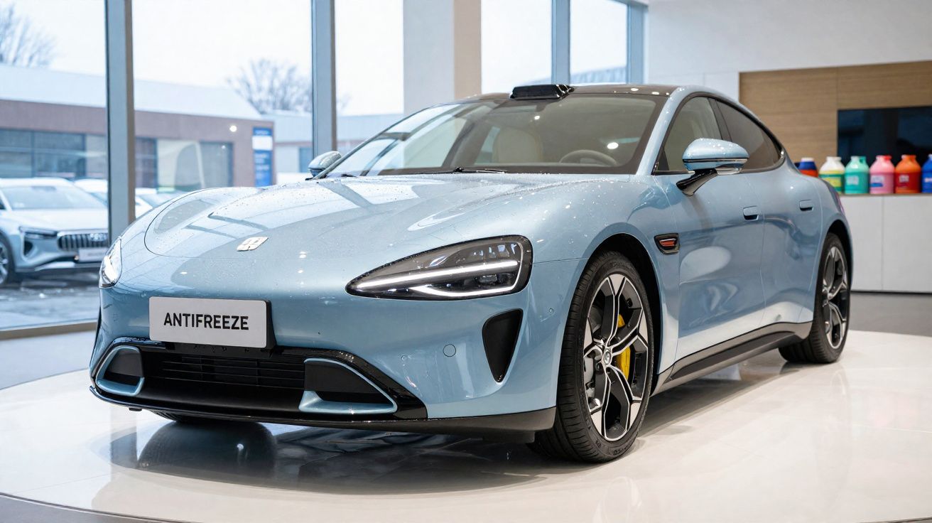 Light blue electric sports car displayed indoors with "ANTIFREEZE" number plate and yellow brake calipers.