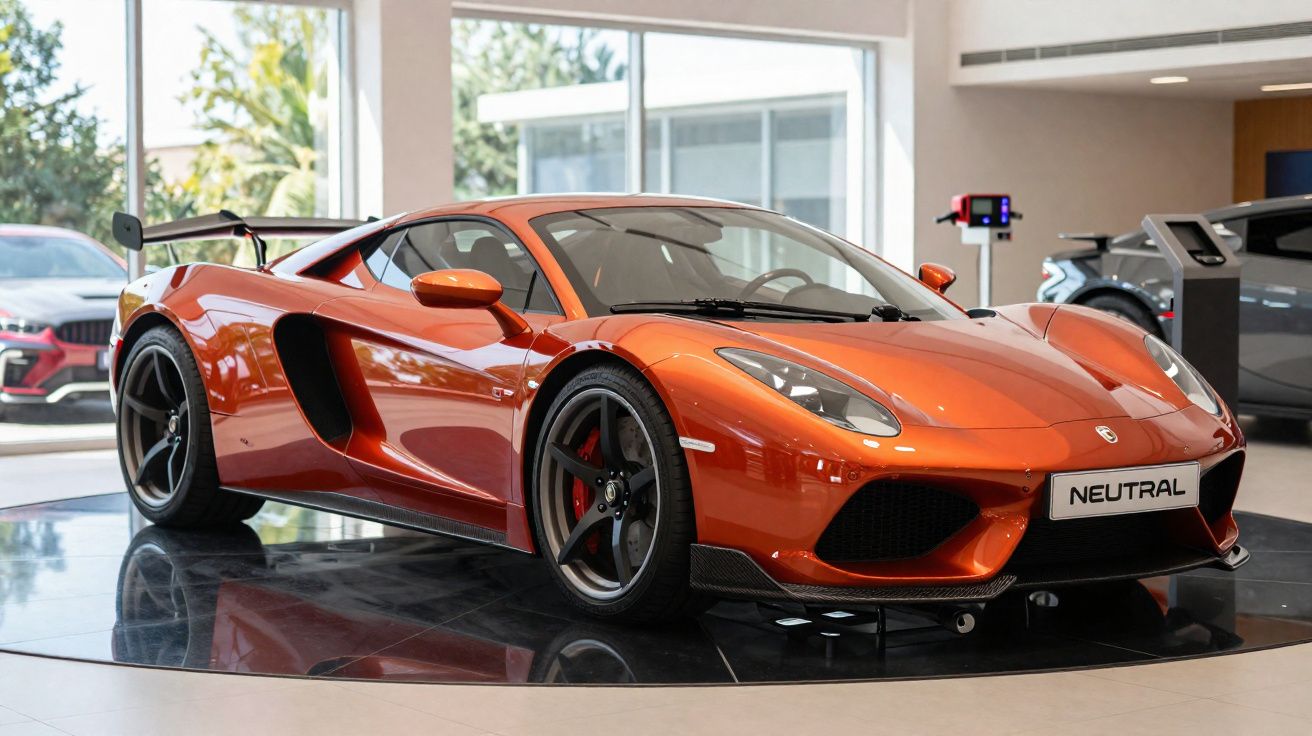 Orange sports car with aerodynamic design displayed inside a showroom on a glossy black platform.