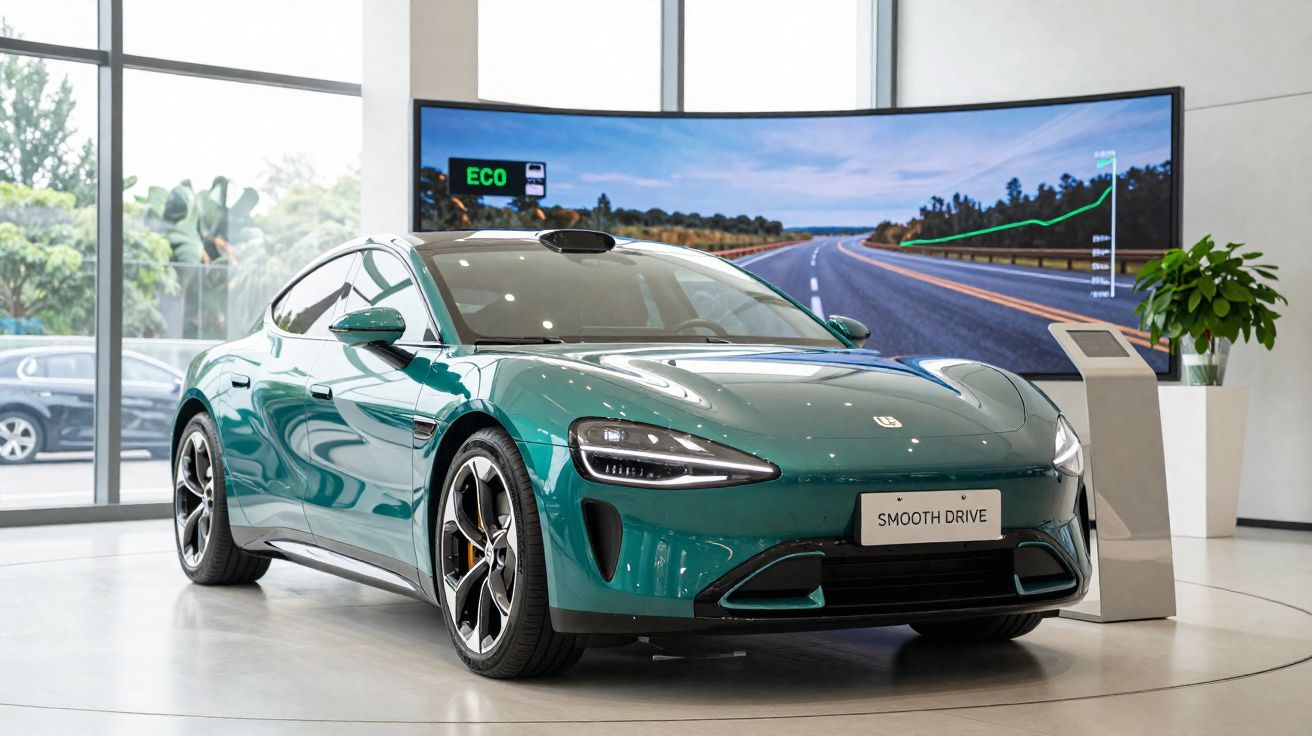 Green electric sports car displayed in showroom with digital screen showing eco drive data behind it.
