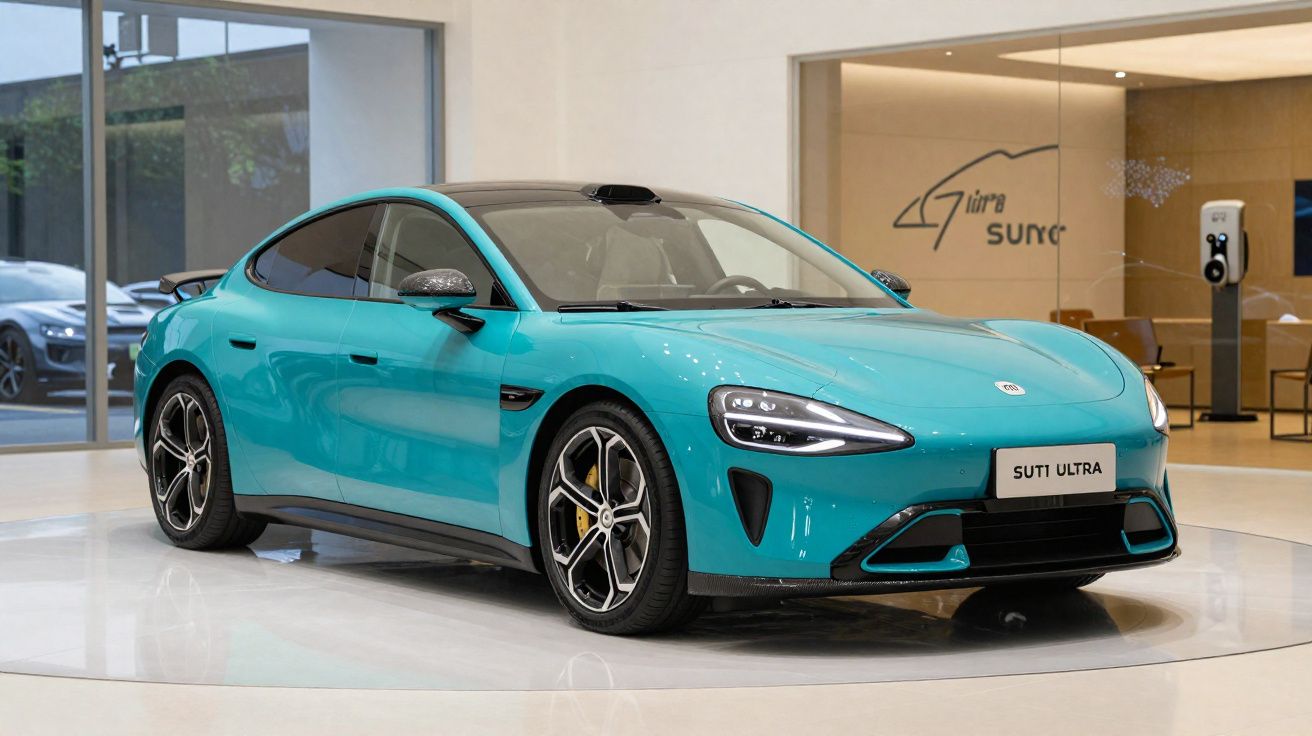 Teal electric sports car with sleek design displayed in a modern showroom with glass windows.