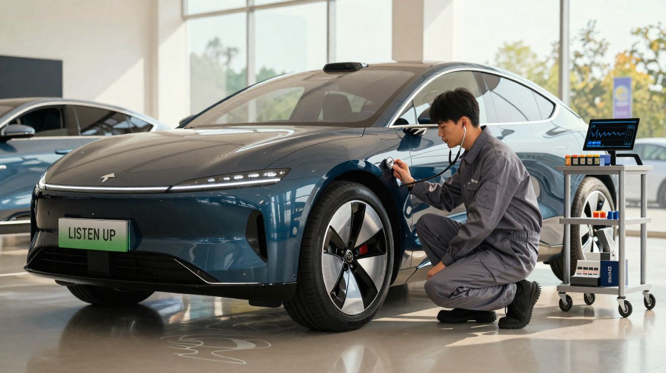 Technician using stethoscope to check front tire of blue Tesla electric car in showroom.