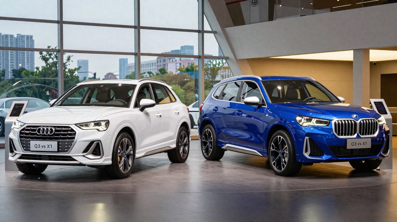 White Audi Q3 and blue BMW X1 SUVs displayed inside a modern showroom with large windows.