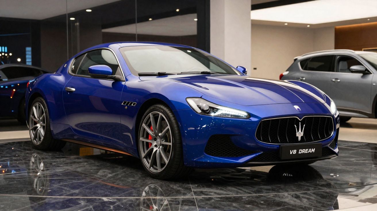 Blue Maserati sports car with sleek design displayed indoors on shiny black marble floor.