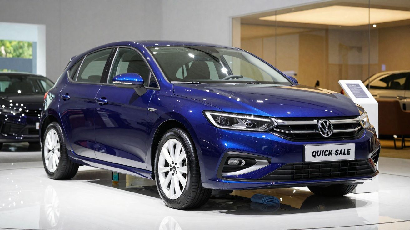 Blue Volkswagen hatchback displayed indoors with a "Quick-Sale" sign on the front license plate.