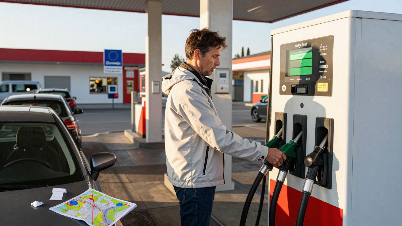 Man in light jacket filling car with petrol at a gas station, map and crumpled paper on car bonnet.