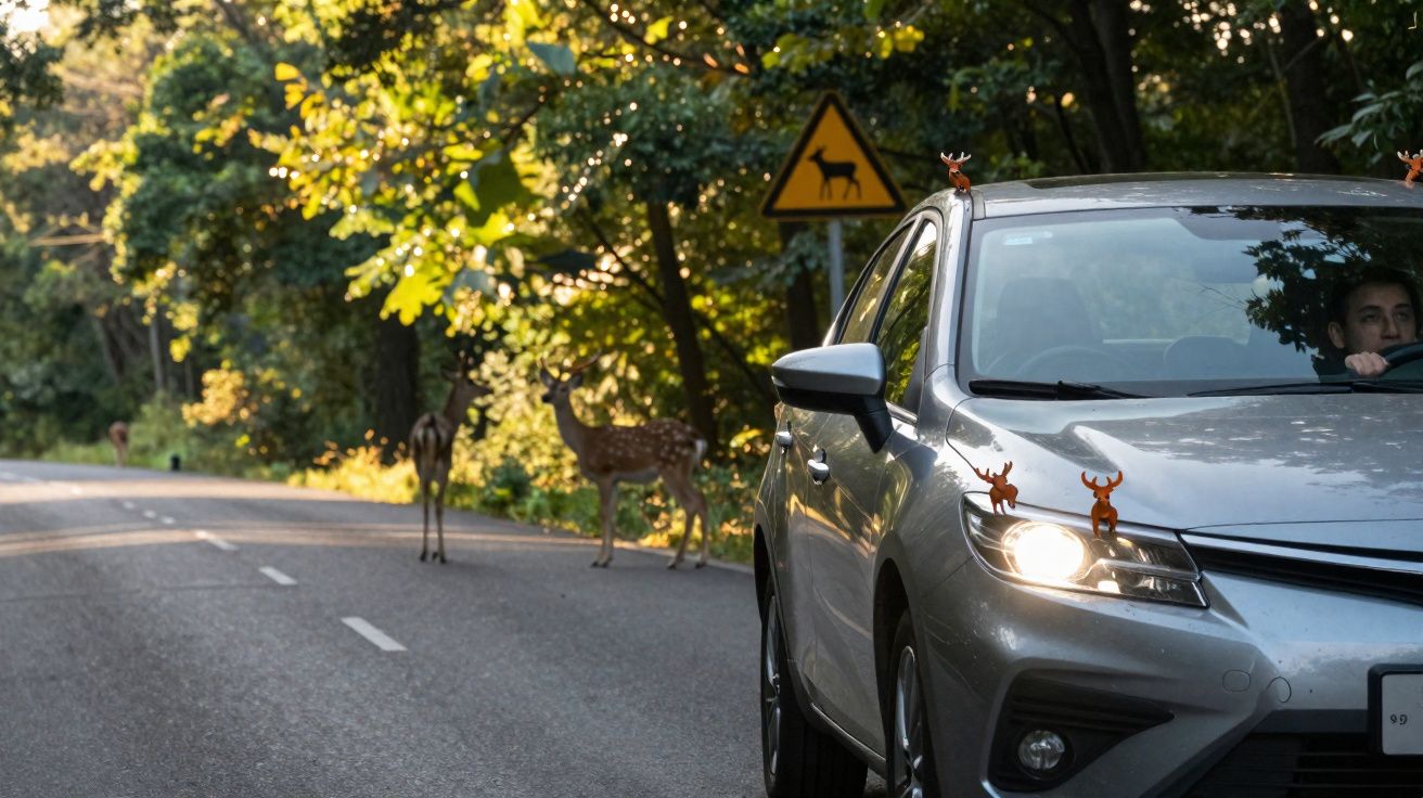 Silver car with antler decorations stopped near deer crossing sign and wild deer on wooded road.