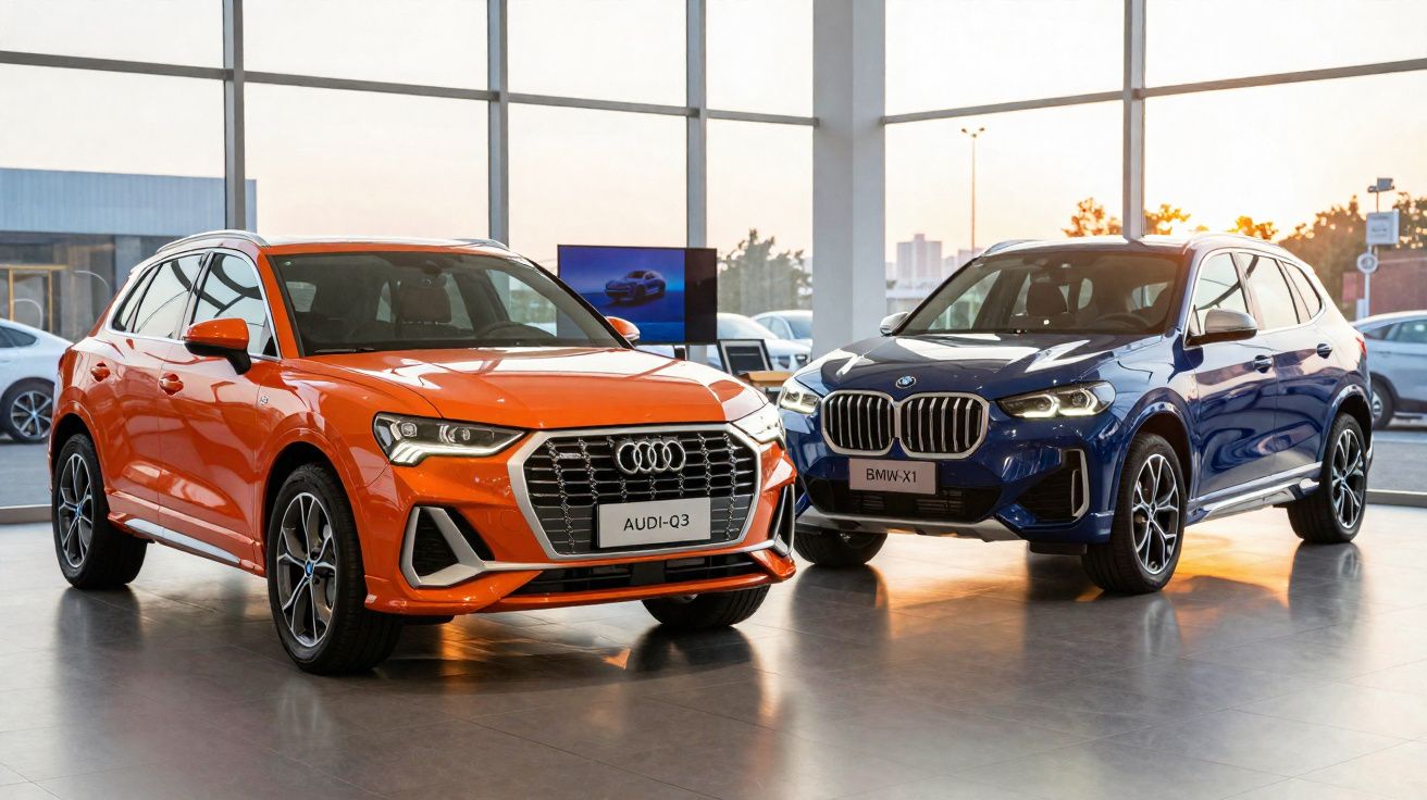 Orange Audi Q3 and blue BMW X1 parked side by side inside a bright modern car showroom.