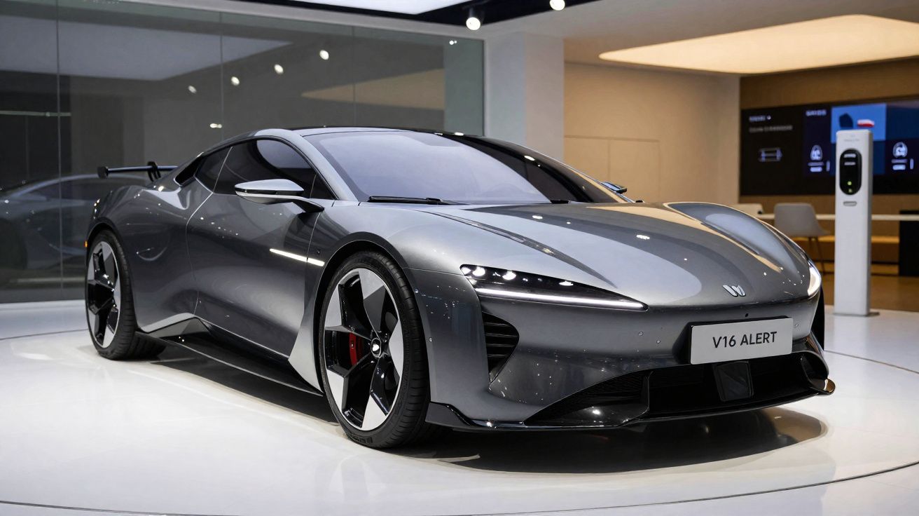 Sleek silver-grey electric sports car V16 Alert displayed indoors with modern design and aero features.